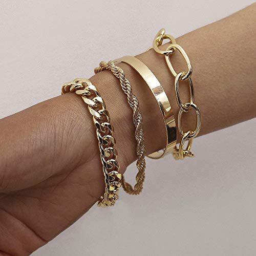 Dainty Boho Gold Silver Chain Bracelets Set for Women Adjustable Fashion Beaded Chunky Flat Cable Chain Punk Bracelets Jewelry for Women Girls Gift Set of 4 (Gold)