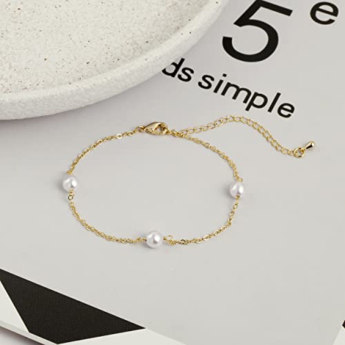 Dainty Pearl Bracelet for Women Gold Tiny Pearl Link Chain Bracelets Minimalist Simple Wedding Jewelry Gift