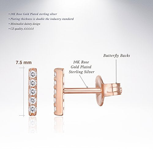 Earrings: 14K Gold Plated Sterling Silver Dainty Mini Bar Stud Earrings (Rose)