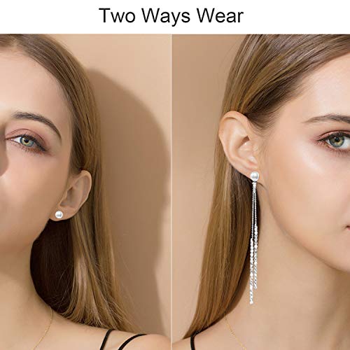 Fashion Long Tassel Crystal Pearl Two Ways Wear Cubic Zirconia Hypoallergenic & Nickel Free Stud Drop Dangle Earrings Jewelry for Girls Women, Chic Silver