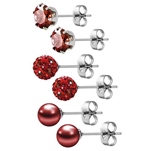 Red Studs Earrings for Women CZ Rhinestones Crystal Ball Fake Pearl Stainless Steel Party Stud January Birthstone Earring Set for Girl (3 pairs,6mm Round,Jan)