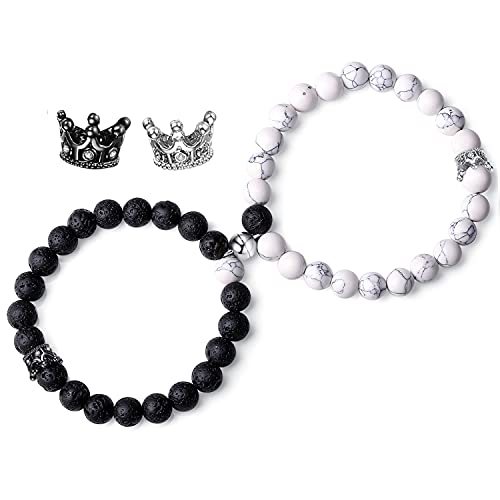 Couples Bracelets Magnetic Distance King&Queen Crown Couple Bracelets His and Her Lover Lava Rock White Turquoise Beads Bracelet Jewelry