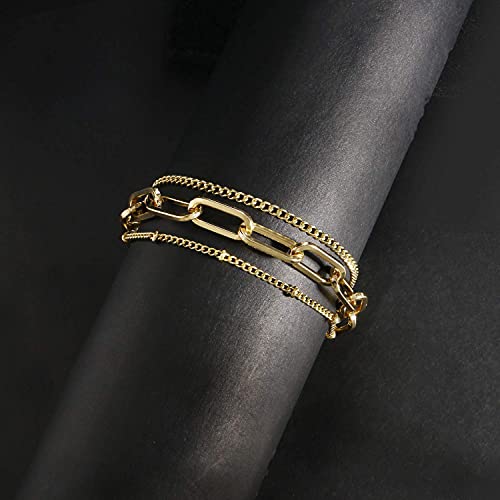 Gold Chain Bracelet Sets for Women Girls 14K Gold Plated Dainty Link Paperclip Bracelets Stake Adjustable Layered Metal Link Bracelet Set Fashion Jewelry. (Style-2)