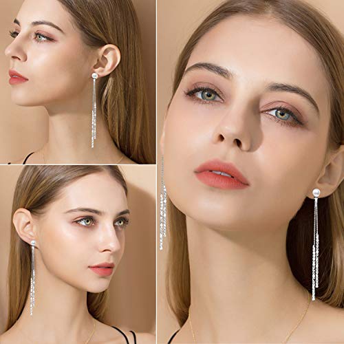 Fashion Long Tassel Crystal Pearl Two Ways Wear Cubic Zirconia Hypoallergenic & Nickel Free Stud Drop Dangle Earrings Jewelry for Girls Women, Chic Silver