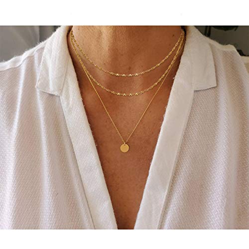 Dainty Layered Choker Necklace Handmade Bar Chain Coin Pendant Adjustable Gold Plated Layering Necklaces for Women Girls