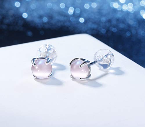 Hypoallergenic Gemstone Stud Earrings for Women Girls 925 Sterling Silver Cute Cat' Eye Stone Pink Earrings Studs for Sensitive Ears.