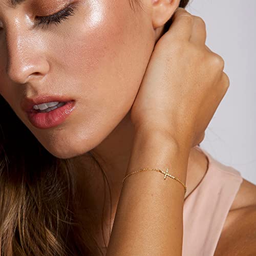 Cross Bracelet for Women, 14k Gold Cubic Zirconia Cross Bracelets Simple Gold Charm Adjustable Bracelets Dainty Cute Sideway Cross Jewelry Confirmation Gifts for Girls