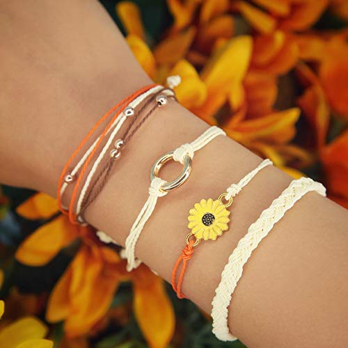 Sunflower String Bracelet Handmade Braided Rope Charms Boho Surfer Bracelet for Teen Girls Women(Beige)