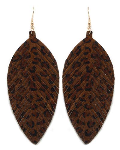 Large Genuine Soft Leather Handmade Fringe Feather Lightweight Tear Drop Dangle Color Earrings for Women Girls Fashion (BROWN LEOPARD 2)