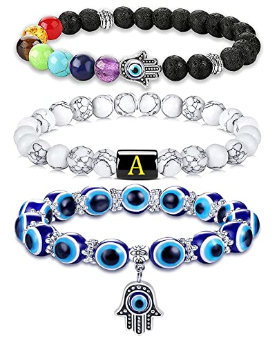 Initial Evil Eye Bracelets for Women Chakra Crystal Beaded Charm Mexican Hamsa Protection Bracelet Aesthetic Letter Jewelry Ojo Personalized Best Friend Birthday Gifts for Women Her Girl (A)