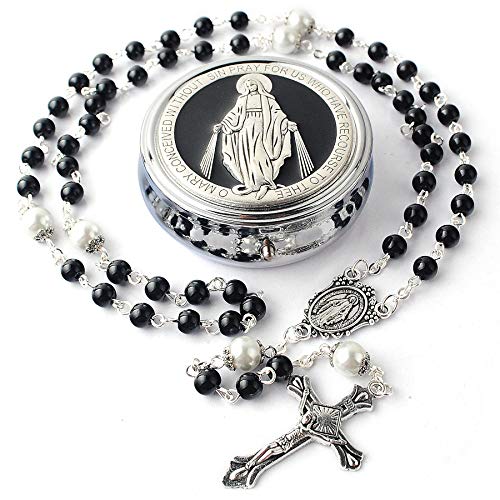 6mm Glass Pearl Beads with 8mm Our Father Beads with Caps Rosary Pack in Miraculous Metal Gift Box (Black Rosary with Miraculous Gift Box)