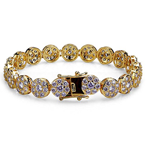 Hip Hop 1 Row 14K Iced Out CZ Zircon Solitaire Cluster Lab Diamond Tennis Link Bracelet (6.5" Gold)