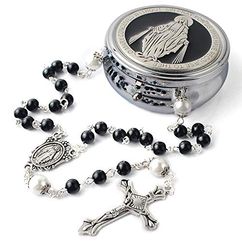 6mm Glass Pearl Beads with 8mm Our Father Beads with Caps Rosary Pack in Miraculous Metal Gift Box (Black Rosary with Miraculous Gift Box)