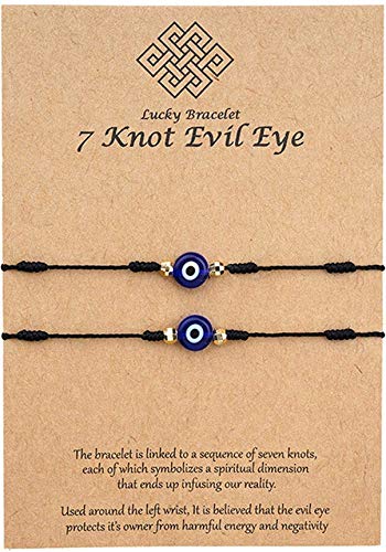 Evil Eye 7 Knot Bracelet with Hand Painted Evil Eye on a Hand Woven Adjustable Bracelet String Amulet for Women Men Little Boys & Girls (Black)