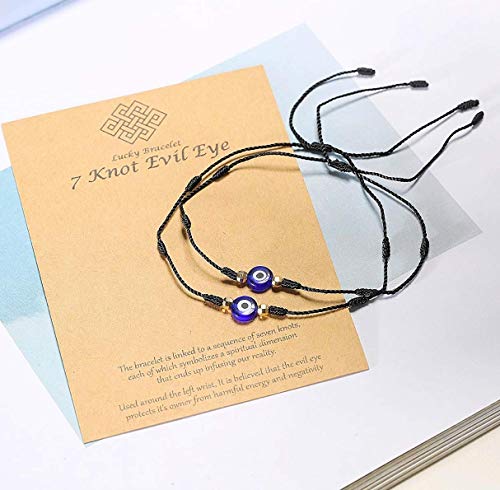 Evil Eye 7 Knot Bracelet with Hand Painted Evil Eye on a Hand Woven Adjustable Bracelet String Amulet for Women Men Little Boys & Girls (Black)