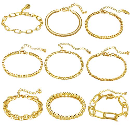 9 PCS Gold Chain Bracelets Set for Women Girls,Charm Adjustable Fashion Paperclip Link Bracelets, Festival Gifts for Women Girls and Men