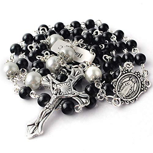 6mm Glass Pearl Beads with 8mm Our Father Beads with Caps Rosary Pack in Miraculous Metal Gift Box (Black Rosary with Miraculous Gift Box)