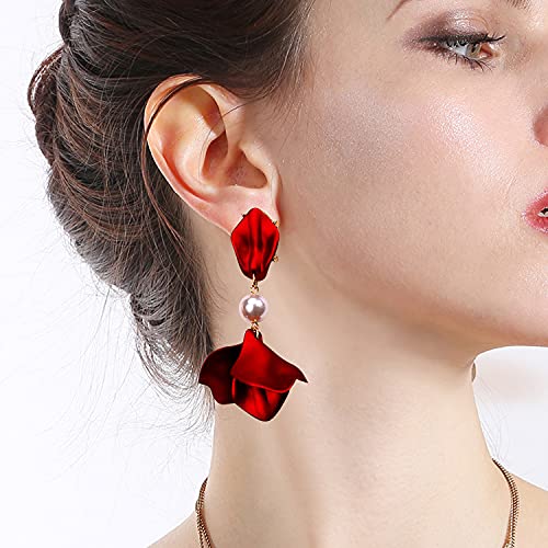 Just Follow Long Acrylic Rose Petal Earrings Dangle Exaggerated Flower Earrings Drop Statement Floral Tassel Earrings for Women and Girls ((Pearl Short Design-Red))