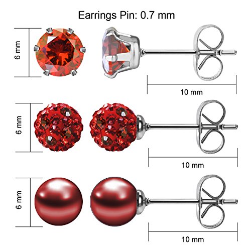 Red Studs Earrings for Women CZ Rhinestones Crystal Ball Fake Pearl Stainless Steel Party Stud January Birthstone Earring Set for Girl (3 pairs,6mm Round,Jan)