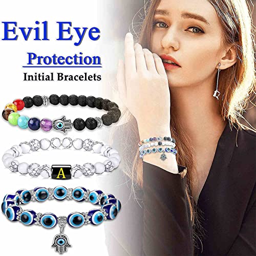 Initial Evil Eye Bracelets for Women Chakra Crystal Beaded Charm Mexican Hamsa Protection Bracelet Aesthetic Letter Jewelry Ojo Personalized Best Friend Birthday Gifts for Women Her Girl (A)