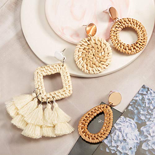 4 Pairs Rattan Earrings Lightweight Geometric Tassel Woven Bohemian Earrings Handmade Straw Wicker Braid Hoop Drop Dangle Earrings For Women Girls (Style A)