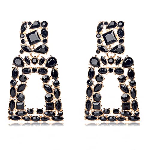 Rhinestone Rectangle Dangle Earrings for Women Sparkly Crystal Geometric Drop Statement Earrings