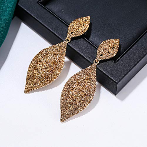 Women's Rhinestone Crystal Wedding Bridal 2 Leaf Drop Dangle Chandelier Earrings Brown Gold-Tone