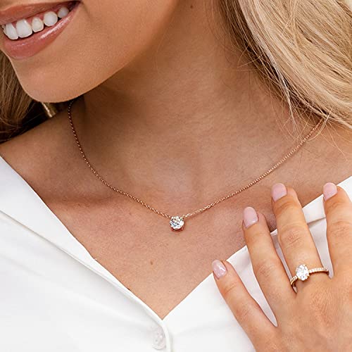 14K Gold Plated Swarovski Crystal Solitaire 1.5 Carat (7.3mm) CZ Dainty Choker Necklace | Rose Gold Necklaces for Women