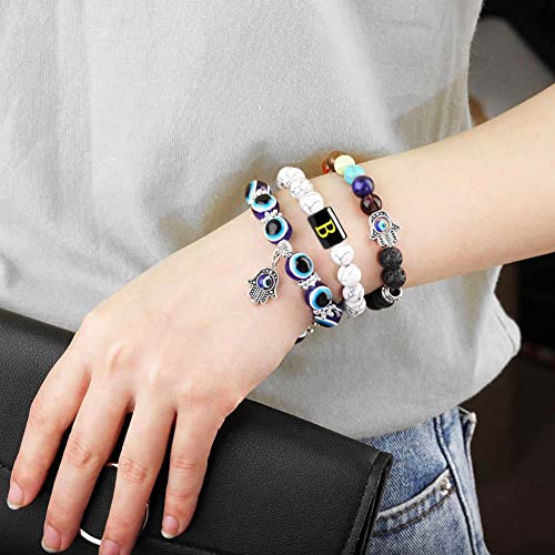 Initial Evil Eye Bracelets for Women Chakra Crystal Beaded Charm Mexican Hamsa Protection Bracelet Aesthetic Letter Jewelry Ojo Personalized Best Friend Birthday Gifts for Women Her Girl (A)