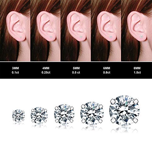 5 Pairs Stud Earrings Set, Hypoallergenic Cubic Zirconia 316L Earrings Stainless Steel CZ Earrings 3-8mm (Steel color)