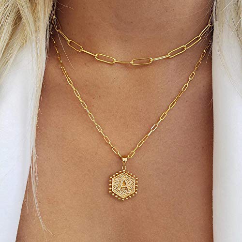 Dainty Layering Initial Necklaces for Women, 14K Gold Plated Paperclip Chain Necklace for Women Simple Cute Hexagon Letter Pendant Initial A Necklace Choker Necklaces Gold Layered Necklaces for Women