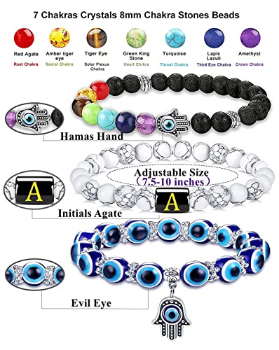 Initial Evil Eye Bracelets for Women Chakra Crystal Beaded Charm Mexican Hamsa Protection Bracelet Aesthetic Letter Jewelry Ojo Personalized Best Friend Birthday Gifts for Women Her Girl (A)