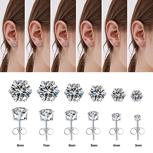 6 Pairs Stainless Steel Stud Earrings Set Hypoallergenic Cubic Zirconia Earrings White Gold 316L CZ Earrings for Women Girls 3-8mm