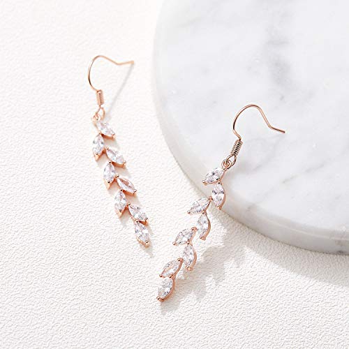 Rose Gold Marquise Wedding Dangle Earrings for Brides Birdesmaid, Crystal Long Bridal Earrings for Women Prom