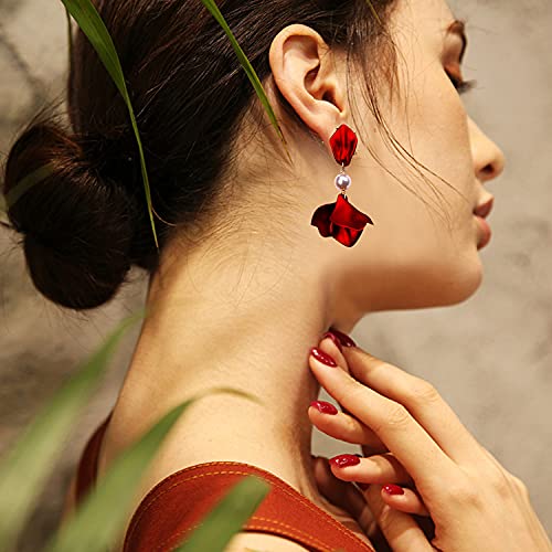 Just Follow Long Acrylic Rose Petal Earrings Dangle Exaggerated Flower Earrings Drop Statement Floral Tassel Earrings for Women and Girls ((Pearl Short Design-Red))