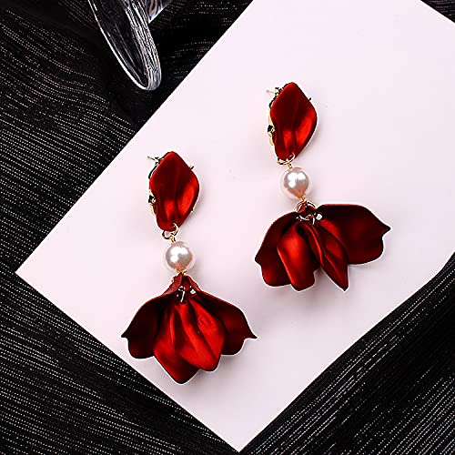 Just Follow Long Acrylic Rose Petal Earrings Dangle Exaggerated Flower Earrings Drop Statement Floral Tassel Earrings for Women and Girls ((Pearl Short Design-Red))