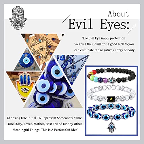 Initial Evil Eye Bracelets for Women Chakra Crystal Beaded Charm Mexican Hamsa Protection Bracelet Aesthetic Letter Jewelry Ojo Personalized Best Friend Birthday Gifts for Women Her Girl (A)