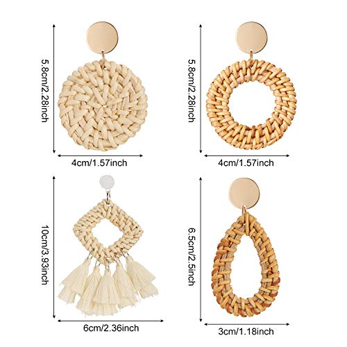 4 Pairs Rattan Earrings Lightweight Geometric Tassel Woven Bohemian Earrings Handmade Straw Wicker Braid Hoop Drop Dangle Earrings For Women Girls (Style A)