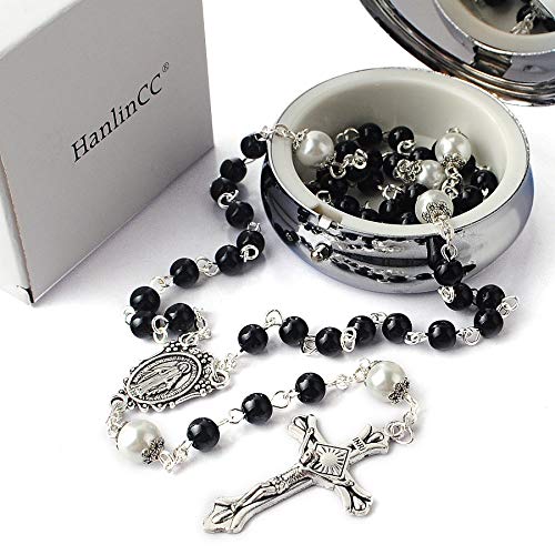 6mm Glass Pearl Beads with 8mm Our Father Beads with Caps Rosary Pack in Miraculous Metal Gift Box (Black Rosary with Miraculous Gift Box)