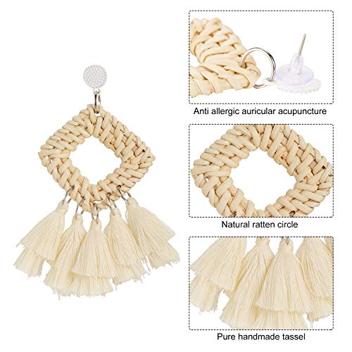 4 Pairs Rattan Earrings Lightweight Geometric Tassel Woven Bohemian Earrings Handmade Straw Wicker Braid Hoop Drop Dangle Earrings For Women Girls (Style A)