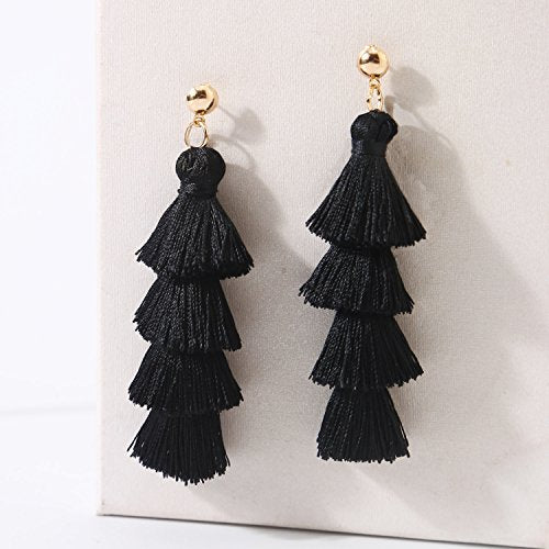 Fashion Gold Tassel Dangle Earrings Layered Long Bonita Tiered Black Thread Tassel Drop Statement Jewelry for Women Girls BAN0054B1