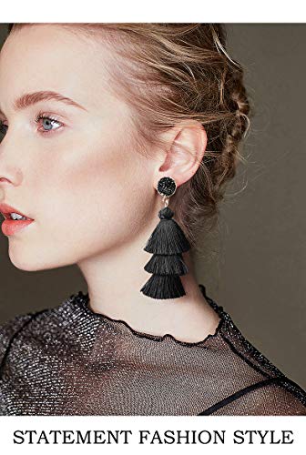 Black Layered Tassel Drop Earrings Tiered Thread Tassel Dangle Earrings for Women Girls Bohemian Boho Statement Fringe Black Tassel Earrings Valentines Gift