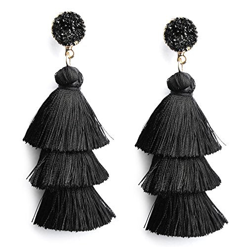 Black Layered Tassel Drop Earrings Tiered Thread Tassel Dangle Earrings for Women Girls Bohemian Boho Statement Fringe Black Tassel Earrings Valentines Gift