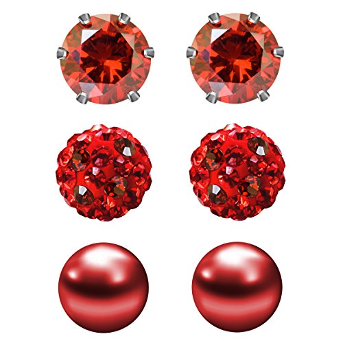 Red Studs Earrings for Women CZ Rhinestones Crystal Ball Fake Pearl Stainless Steel Party Stud January Birthstone Earring Set for Girl (3 pairs,6mm Round,Jan)