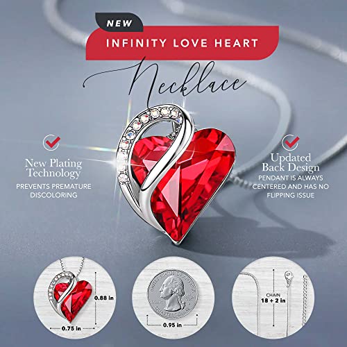 Infinity Love Heart Pendant Necklace, January & July Birthstone Crystal Necklaces for Women, Silver Tone Jewelry Gifts for Women, Siam Ruby Red, 18-inch Chain & 2-inch Extender