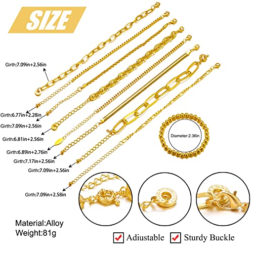 9 PCS Gold Chain Bracelets Set for Women Girls,Charm Adjustable Fashion Paperclip Link Bracelets, Festival Gifts for Women Girls and Men