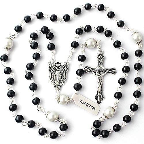 6mm Glass Pearl Beads with 8mm Our Father Beads with Caps Rosary Pack in Miraculous Metal Gift Box (Black Rosary with Miraculous Gift Box)