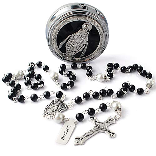 6mm Glass Pearl Beads with 8mm Our Father Beads with Caps Rosary Pack in Miraculous Metal Gift Box (Black Rosary with Miraculous Gift Box)