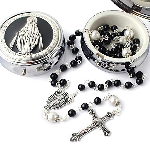 6mm Glass Pearl Beads with 8mm Our Father Beads with Caps Rosary Pack in Miraculous Metal Gift Box (Black Rosary with Miraculous Gift Box)