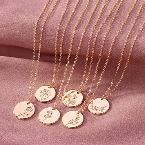 Birth Flower Necklace 18k Gold Engraved Custom Floral Pendant Necklaces Dainty Birth Month Flower Disc Charm Hand Stamped Flower Disk Necklace Personalized Jewelry Birthday Gift for Her